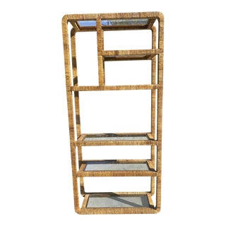 Mid-Century Vintage Boho Wrapped Coastal Rattan 6 Shelf Etagere After Milo Baughman For Sale
