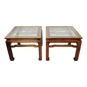 20th Century Chinese Chippendale Solid Wood With Beveled Glass End Tables- a Pair