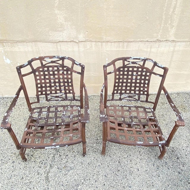 Late 20th Century Cast Aluminum Basket Weave Lattice Patio Outdoor Rocking Lounge Chairs - A Pair For Sale - Image 4 of 10