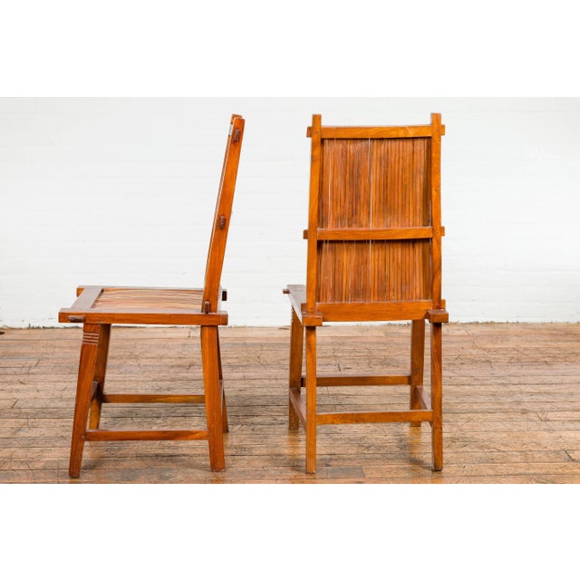 Wooden Side Chairs with Bamboo Slats, Distressed Finish and Tapered Legs - A Pair For Sale - Image 4 of 12