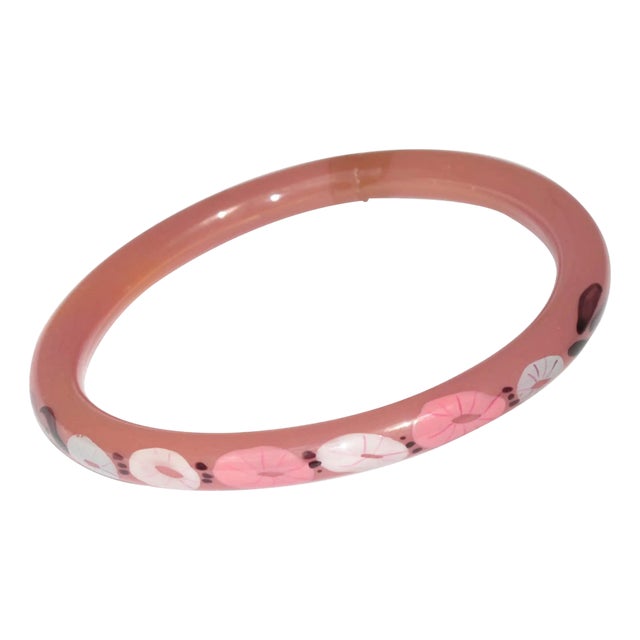 French Art Deco Pink Celluloid Bracelet Bangle with Floral Design For Sale