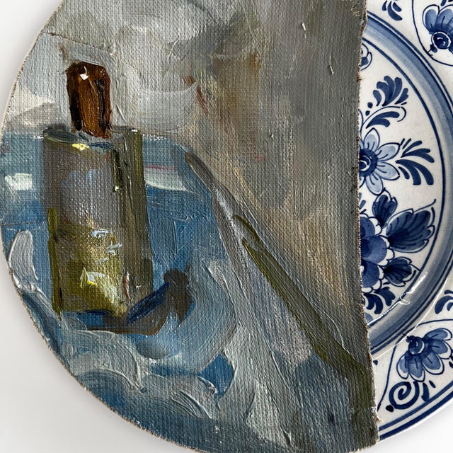 Royal Blue Wall Art Installation: Composition of Ceramic Plates and Oil on Canvas - "Roses & Cherries" - Set of 7 For Sale - Image 8 of 12