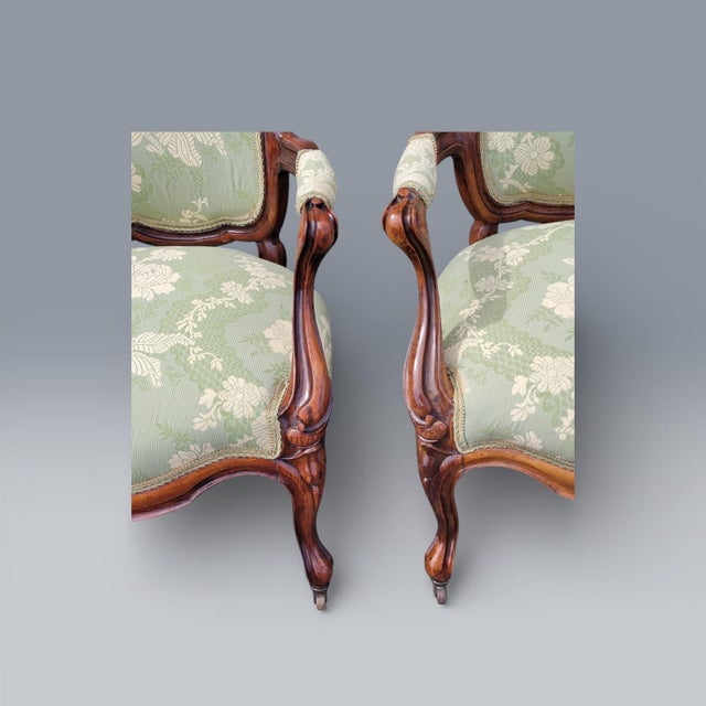 19th Century American Carved Rosewood Living Room Arm Chairs Newly Upholstered For Sale - Image 14 of 18