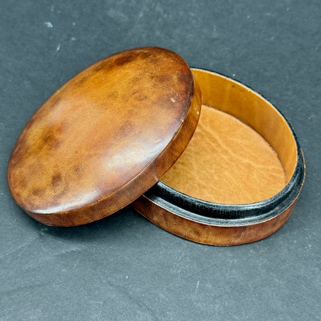 Oval Hand-Tooled Brown Leather Box, Italy. Great vintage versatile piece on a table or functional to store jewelry.