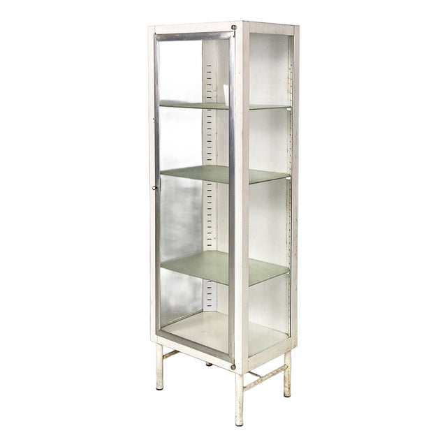 Mid-Century Italian White Metal and Glass Pharmacy Display Cabinet, 1950s For Sale