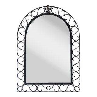 Mid 20th Century French Iron Arching Mirror with Openwork S-Scroll Motifs and Foliage Crest For Sale
