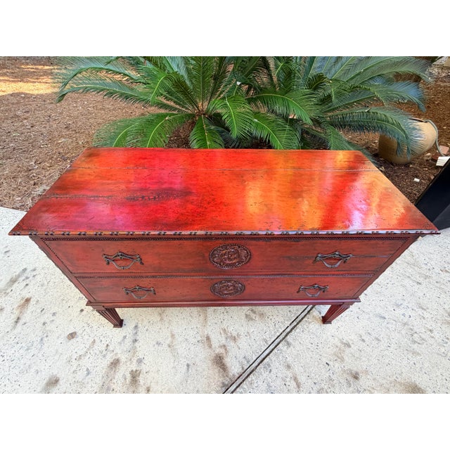 French Provincial Vintage Red Lacquered Medallion 2 Drawer Commode, Chest of Drawers For Sale - Image 3 of 12