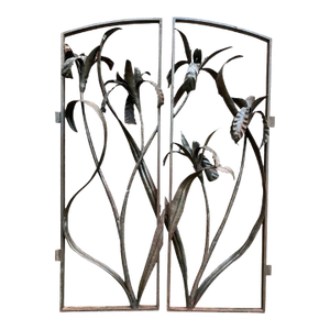 Vintage Lily Motif Sculptural Outdoor Iron Double Panel Estate Gate