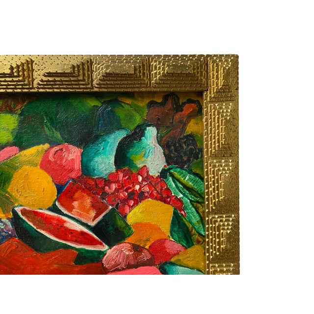 Vintage Colorful Oil on Board Painting of Nude Woman and Fruit in Handmade gold tone Geometric Wood Frame, Signed Alfonso...