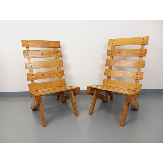 Set of Vintage Brutalist Wooden Slatted Armchairs, 1960s For Sale - Image 10 of 18