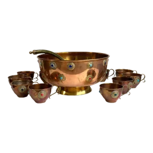 Mid 20th Century Mid Century Bejeweled Copper & Brass Punchbowl Set 12 Pieces
