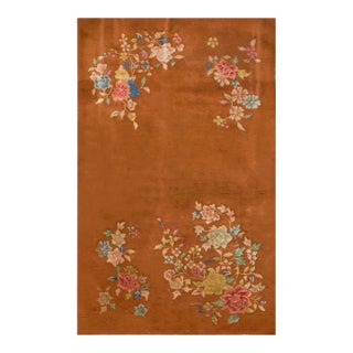 1930s Brown Floral Antique Chinese Art Deco Rug 3' X 4'10" Handknotted Wool Carpet For Sale