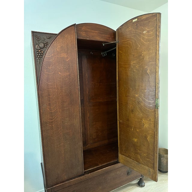 Early 20th Century British Made Art Nouveau Wardrobe Armoire With Stunning Carved Relief Accents and Hardware For Sale - Image 10 of 12