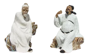 1900s Shiwan Mudman Glazed Earthenware Figurines - Set of 2