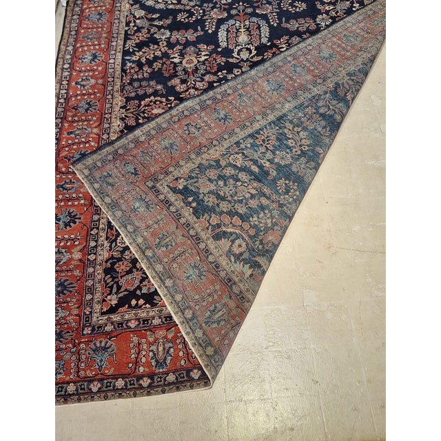 Antique Persian Sarouk Rug – Navy Field With Floral Garden Design – 8’8” × 11’7” For Sale - Image 11 of 11