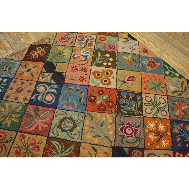 1930s Multi Geometric Folk Art Antique American Hooked Rug 6' X 8'9" Woven Wool Carpet For Sale In New York - Image 6 of 12
