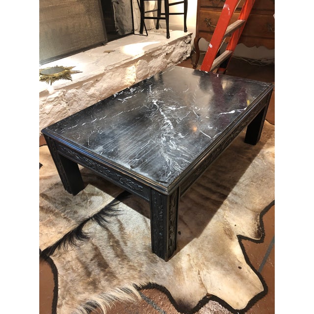 Black Marble Top Cocktail Table With Distressed Carved Wooden Base ...