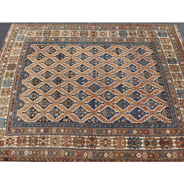 Measures: 4'1 x 4'8 Antique Caucasian Shirvan Rug with Geometric Lattice Tribal Design Pattern. Keivan Woven Arts/...