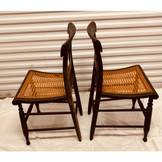 English Antique Pair Hitchcock Chairs Black With Faded Greek Key Painting on Top of Chair Backs Cane Seats For Sale - Image 3 of 11