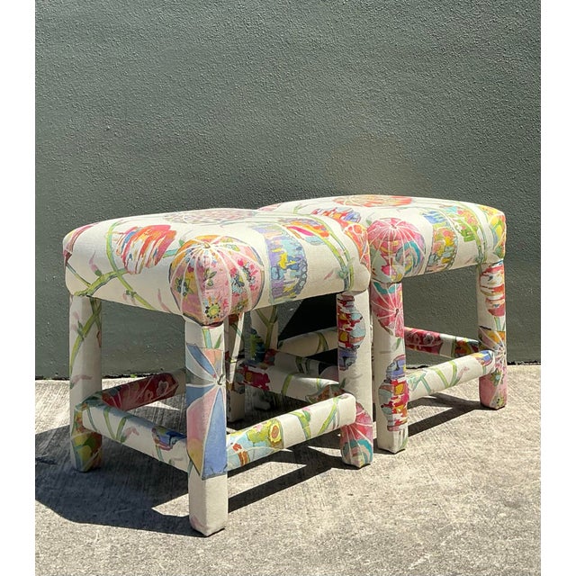 Cream Vintage Printed Paper Napkin Low Stools - A Pair For Sale - Image 8 of 12