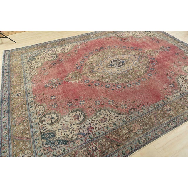 Farmhouse Tabriz Rug 9’5” X 12’11” Pink Wool Vintage Distressed Hand-Knotted Carpet For Sale - Image 3 of 15