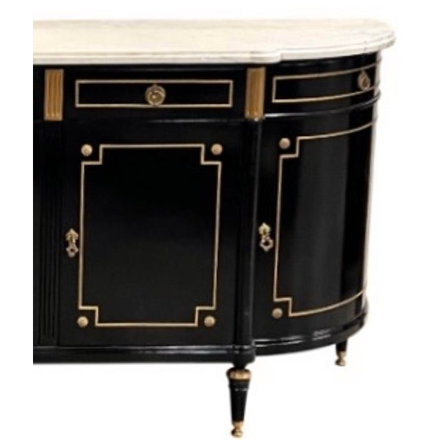 Mid 20th Century Louis XVI Style Ebonized Enfilade Buffet With Carrara Marble Top Bronze Mounts For Sale - Image 5 of 12