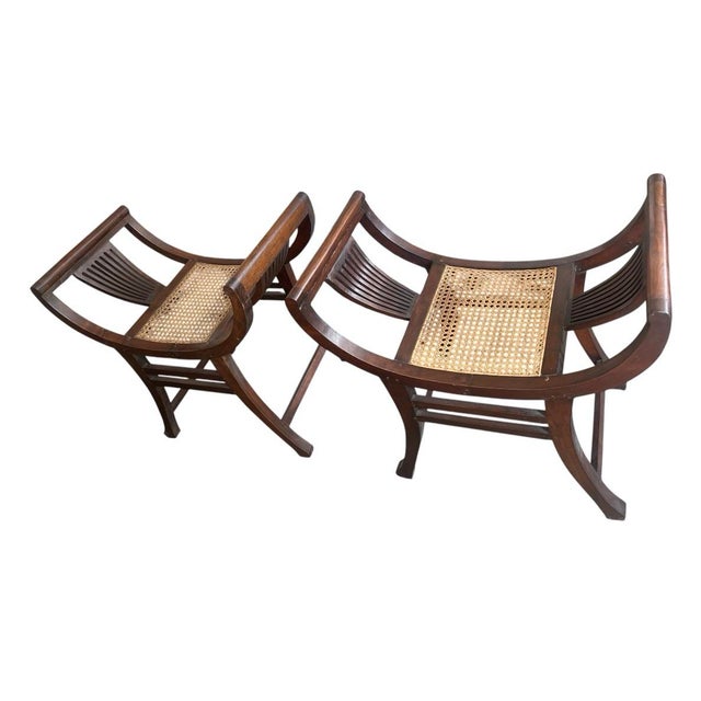 A Pair of Vintage Anglo-Indian Mahogany and Cane Curule Accent Stools For Sale In West Palm - Image 6 of 12