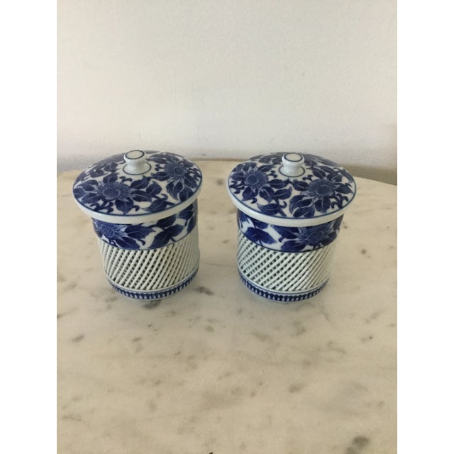 Vintage Blue & White Floral Motif Mugs a Pair Vintage Arita Imari Japan woven ceramic jars from the 90's ,Blue & White...