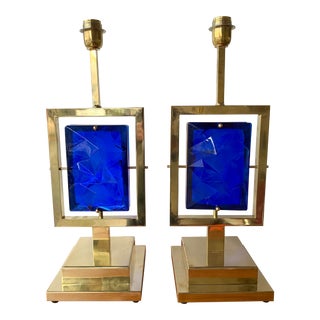 Contemporary Brass Lamps in Blue Murano Glass, Italy - a Pair For Sale