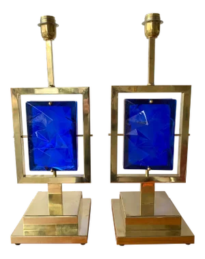 Contemporary Brass Lamps in Blue Murano Glass, Italy - a Pair