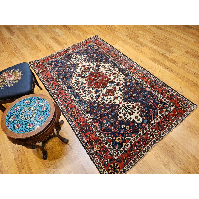 Vintage Persian Bakhtiari Bibibaft Rug, Hand-Knotted Wool, Geometric Medallion Design, Vegetable Dyes, Navy & Red, 5x7 For Sale - Image 10 of 18