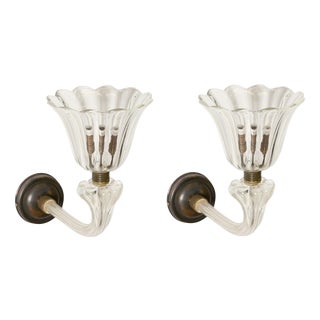 Large Murano Glass and Bronzed Brass Flower Sconces from Barovier, Italy, 1940s, Set of 2 For Sale