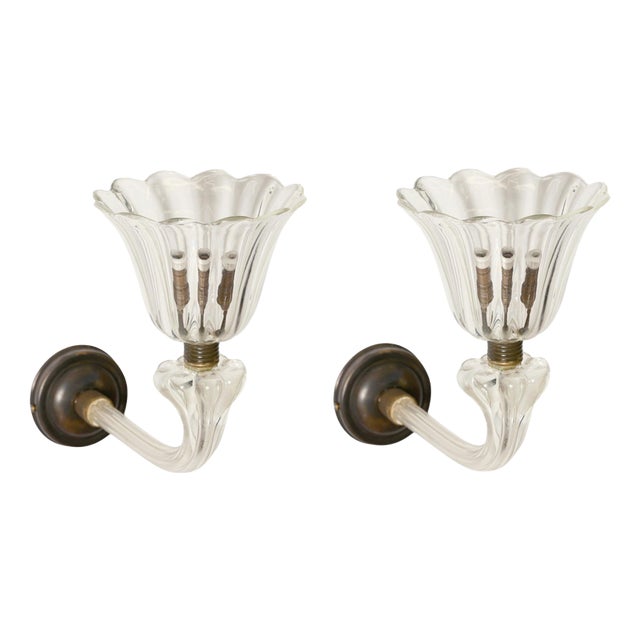Large Murano Glass and Bronzed Brass Flower Sconces from Barovier, Italy, 1940s, Set of 2 For Sale