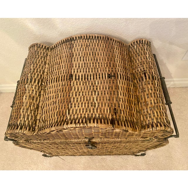 Vintage Woven Rattan Bombay Storage Chest With Lid Wrought Iron Scroll Feet, Handles, and Latch. For Sale - Image 12 of 17