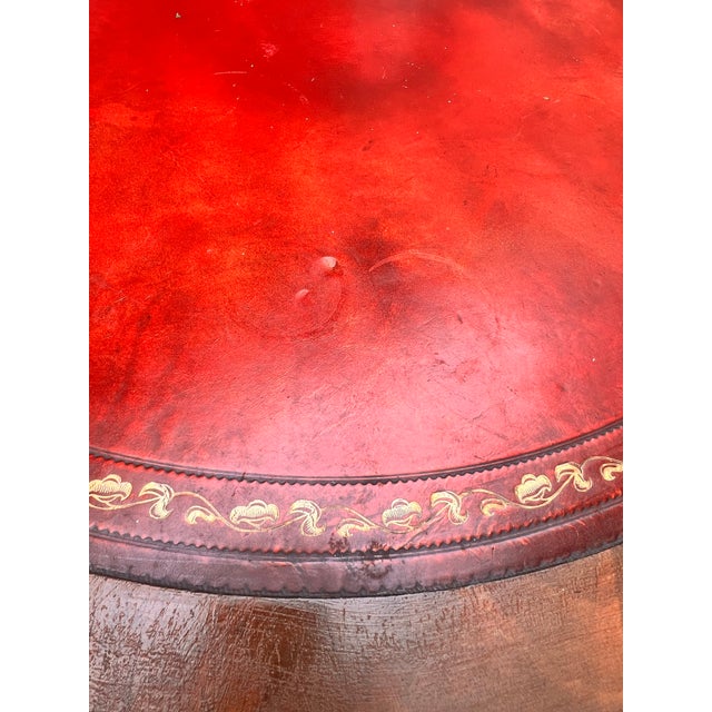 Vintage Regency Style Mahogany Red Leather Top Drum Table Carved Base For Sale - Image 9 of 9
