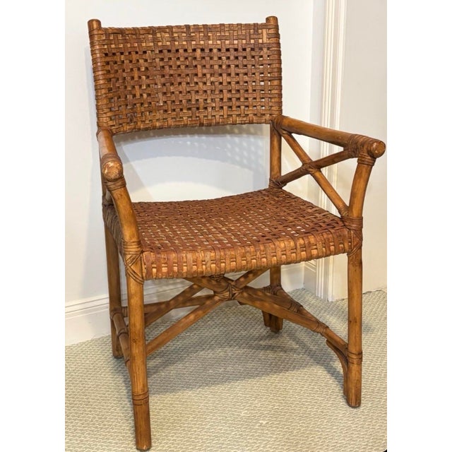 Baker Furniture Company Vintage McGuire Leather Strapped, Rattan Campaign Chairs, 6 Available. For Sale - Image 4 of 9