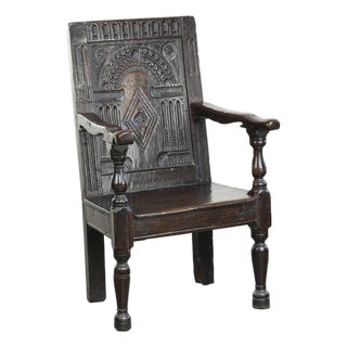 Antique English Oak Wainscot Chair with Wood Carving For Sale