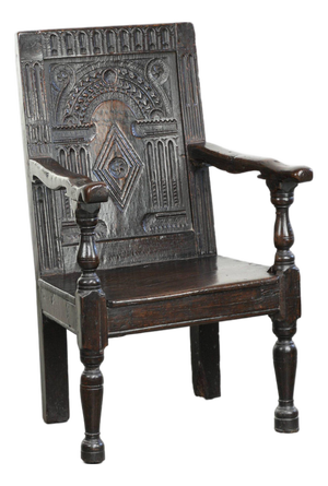 Antique English Oak Wainscot Chair with Wood Carving