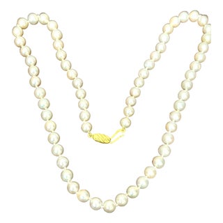 Fine Cultured Akoya Pearl Necklace Length 18" , 14 Karat Yellow Gold For Sale
