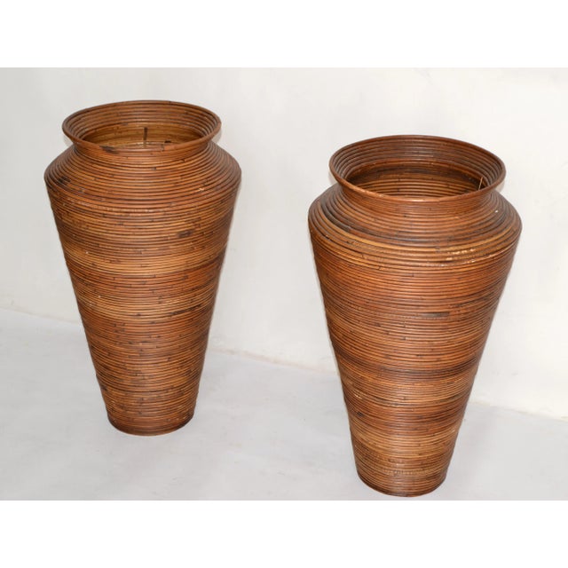 Pair, Bohemian Pencil Reed Bamboo Handcrafted Tall Cone Shape Floor Vases For Sale - Image 12 of 13