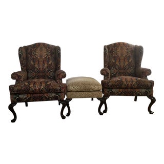 Modern Henredon Wingback Chairs & Ottoman - Set of 3 For Sale