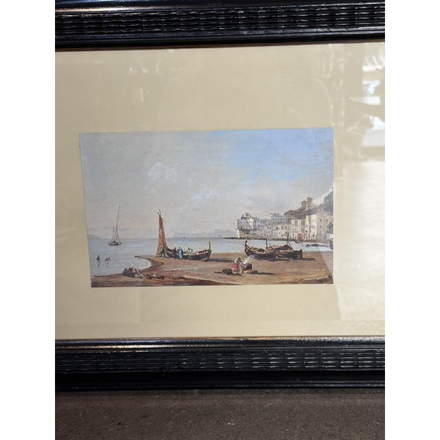 Elegant hand-painted watercolor print depicting a view of mergellina, in a ebonized wood frame