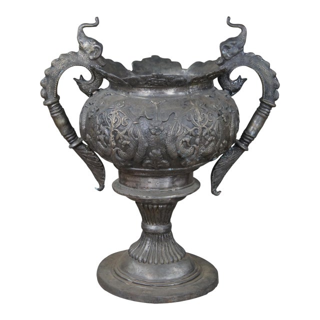 Mid 20th Century Figural Indian Bronze Outdoor Elephant Planter Handled Floor Urn For Sale
