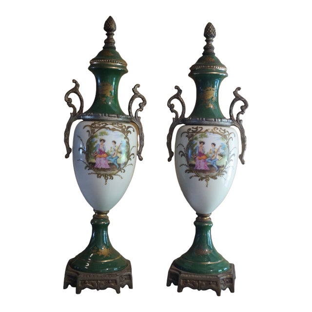 Early 20th Century French Sevres Style Porcelain and Bronze Mantle Urns - A Pair For Sale