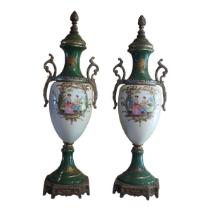 Early 20th Century French Sevres Style Porcelain and Bronze Mantle Urns - A Pair