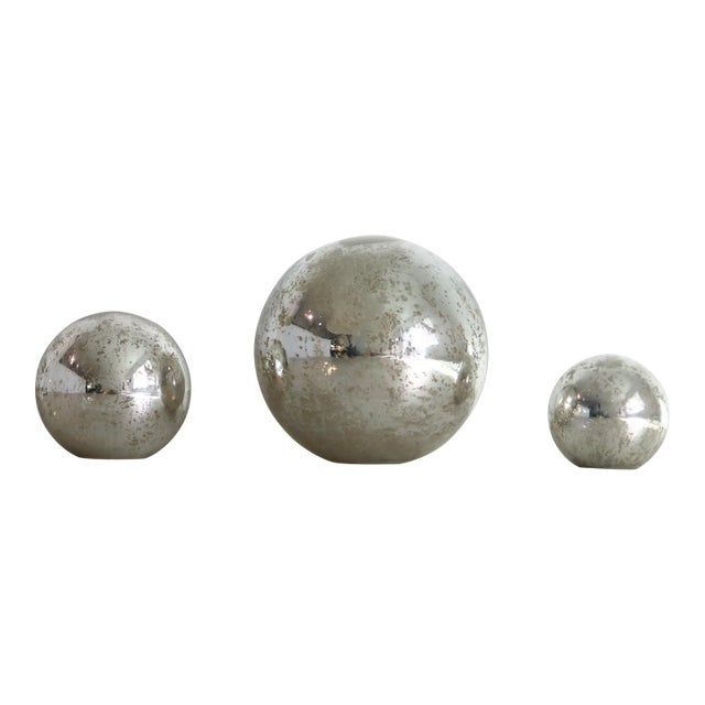 1990s Pottery Barn Set of 3 Mercury Glass Globes – Vintage Decorative Spheres in Small, Medium, and Large For Sale