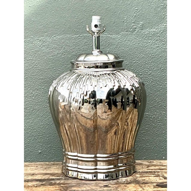 Metal Vintage Silver Mirror Finish Glazed Ceramic Lamp For Sale - Image 7 of 12