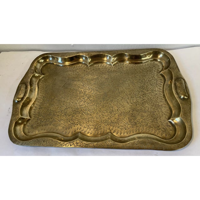 Vintage Brass Scalloped Edge Etched Tray For Sale In Dallas - Image 6 of 12