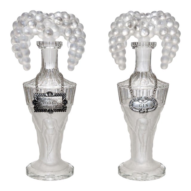 Pair of Hoffmann Art Deco Crystal Nude Figural and Grape Decanters, 1920's. For Sale
