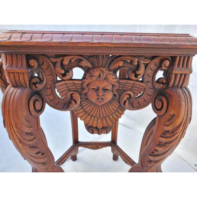 Angel / Cherub Carved Burl Walnut Hexagon Side Lamp Accent Table 1920's For Sale - Image 4 of 13